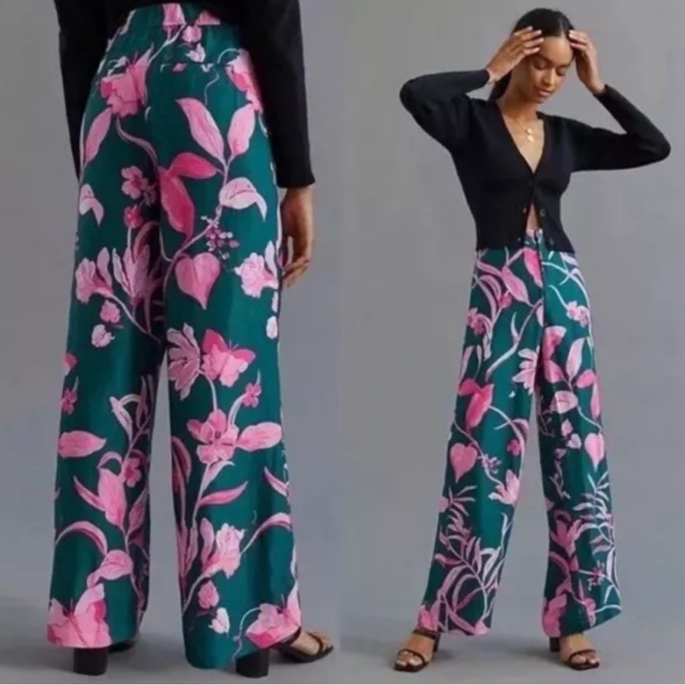 NWT Anthropologie Tropical Green Pink Floral Satin Pleated Pants Size 14